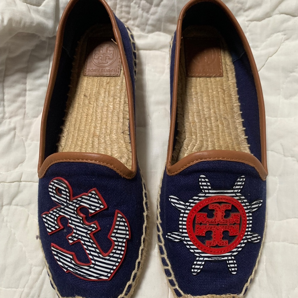 Tory Burch Maritime Espadrille Flat Slip On Navy Striped Anchor